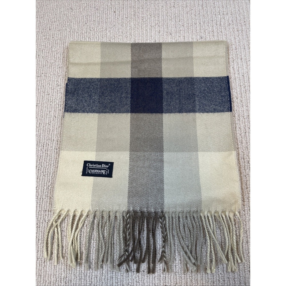 CHRISTIAN DIOR Cashmaire Check Tan Plaid Scarf Fringe  11"x48"